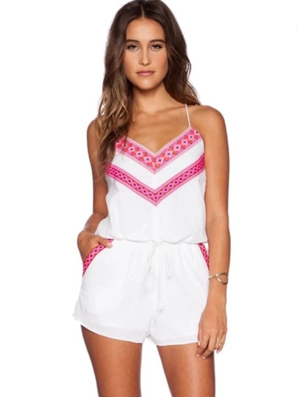 Saylor Revolve Orly Romper Sz XS White Pink Lined Embroidered Boho Beach